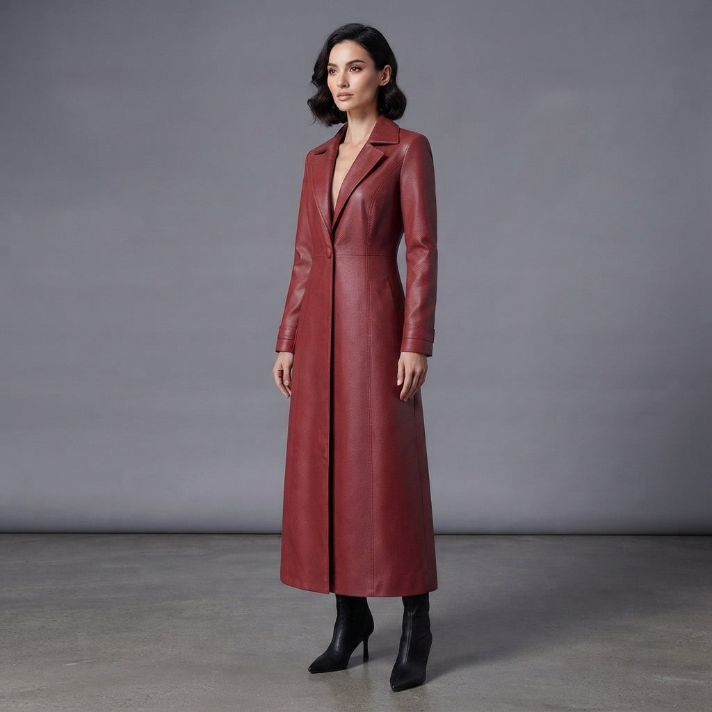 Women's  Faux Burgundy Leather Trench Coat