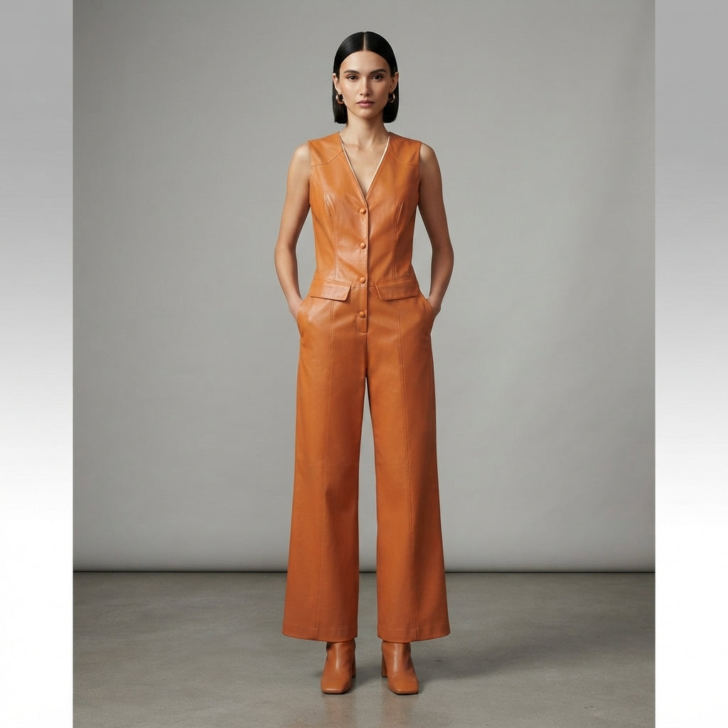 Women's Orange  Leather Jumpsuit