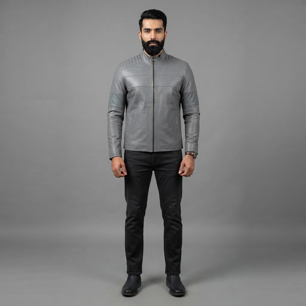 Men's Grey Leather Biker Jacket