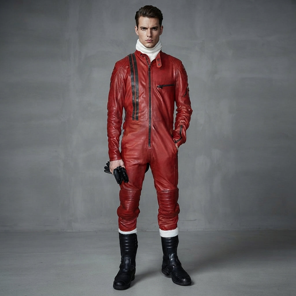 Men's Red & White Leather Jumpsuit