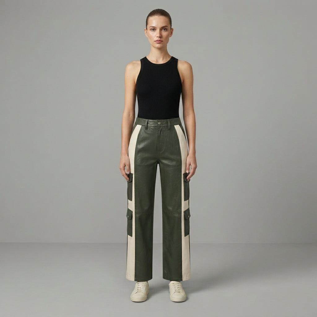 Women's White & Green Leather Pant