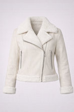 Laden Sie das Bild in den Galerie-Viewer, Women's Cream Suede Shearling Moto Jacket
