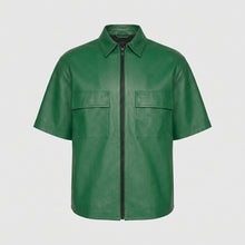 Laden Sie das Bild in den Galerie-Viewer, Men’s Green Half Sleeve Leather Shirt – Premium Casual Leather Shirt
