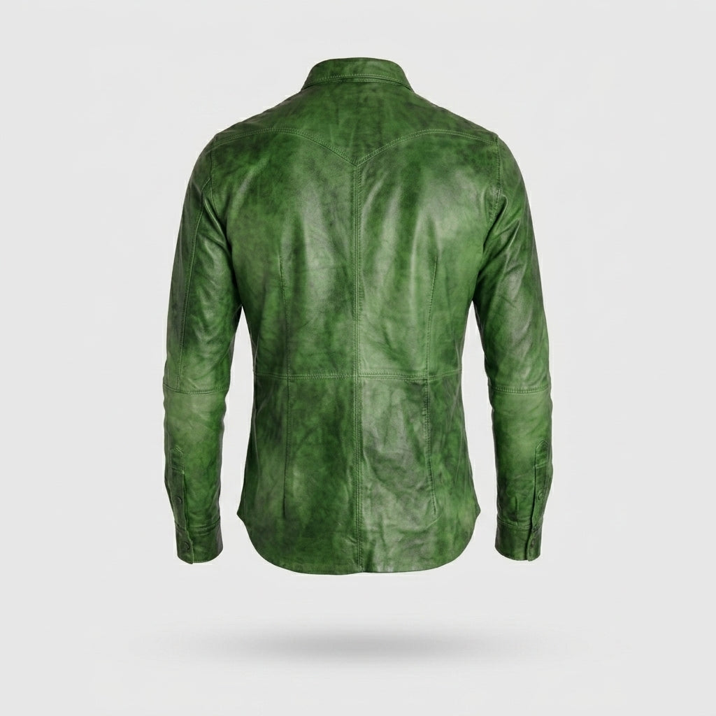 Men’s Green Napa Lamb Leather Biker Shirt – Premium Slim Fit Leather Shirt Jacket