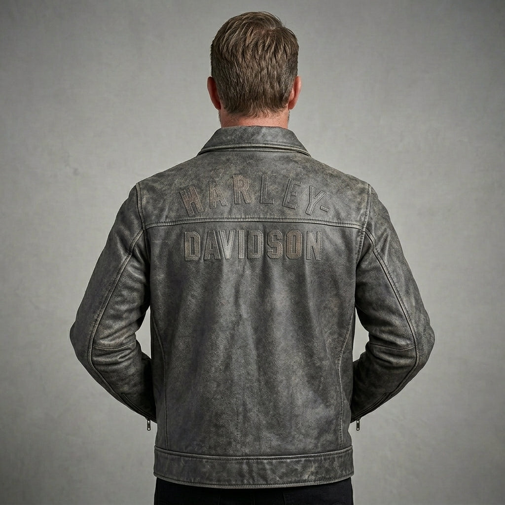 Herren Motorradjacke aus schwarzem Leder im Harley-Stil – Edition mit orange-weißen Rennstreifen