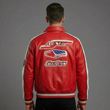Load image into Gallery viewer, Men’s Classic Leather Moto Jacket – Orange &amp; Cream Contrast Panel Design
