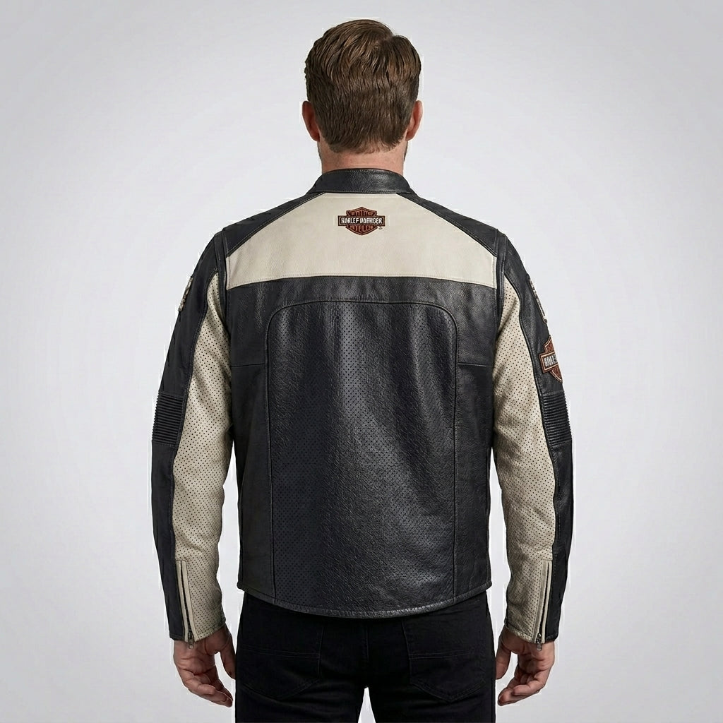 Herren Harley-Stil Echtlederjacke – Sternbestickte Schulter Moto