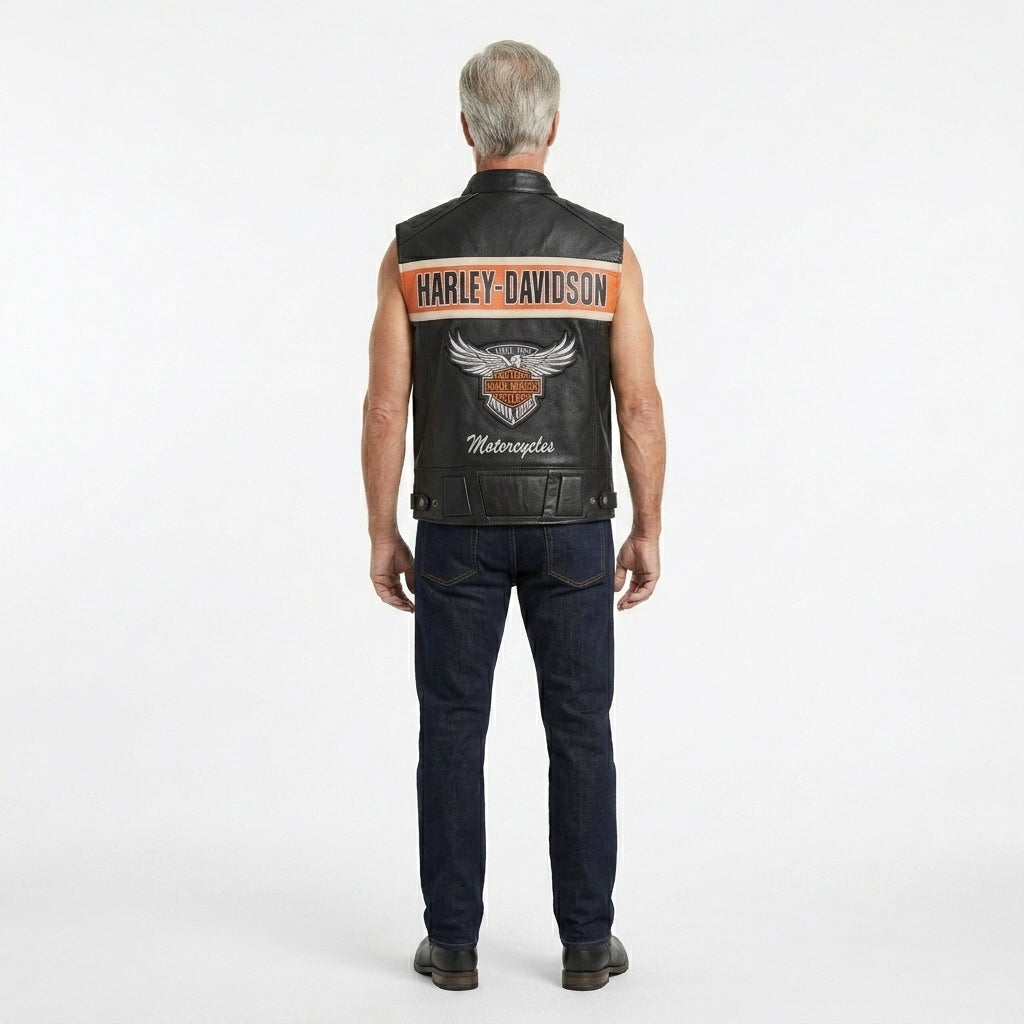 Herren Motorradweste aus echtem schwarzem Leder – Harley Davidson-Biker Club Cut