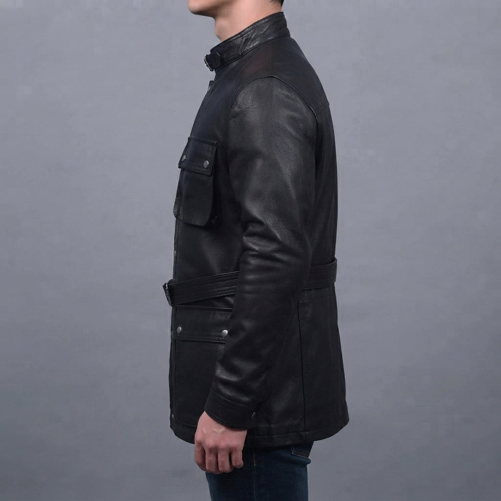 Men's Black Leather Jacket with Front Pockets