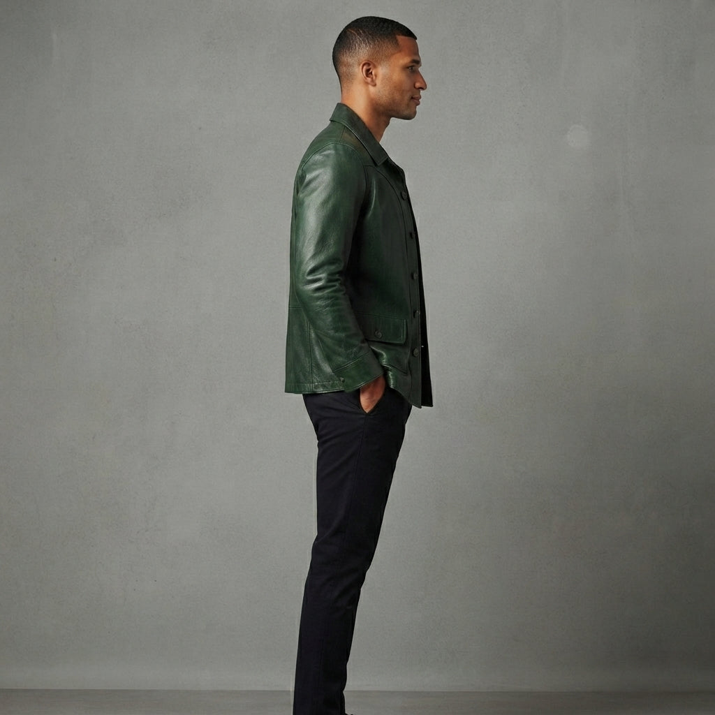 Vintage Green Biker Leather Jacket For Men