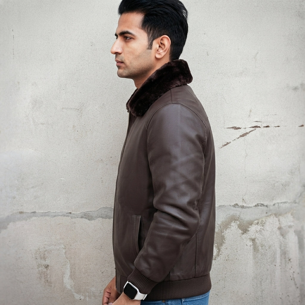 Men's Brown Leather Fur Jacket