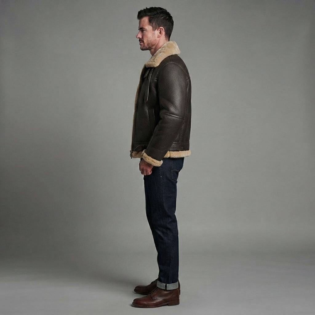 Men's FUR Aviator Flying Pilot Bomber Brown Jacket