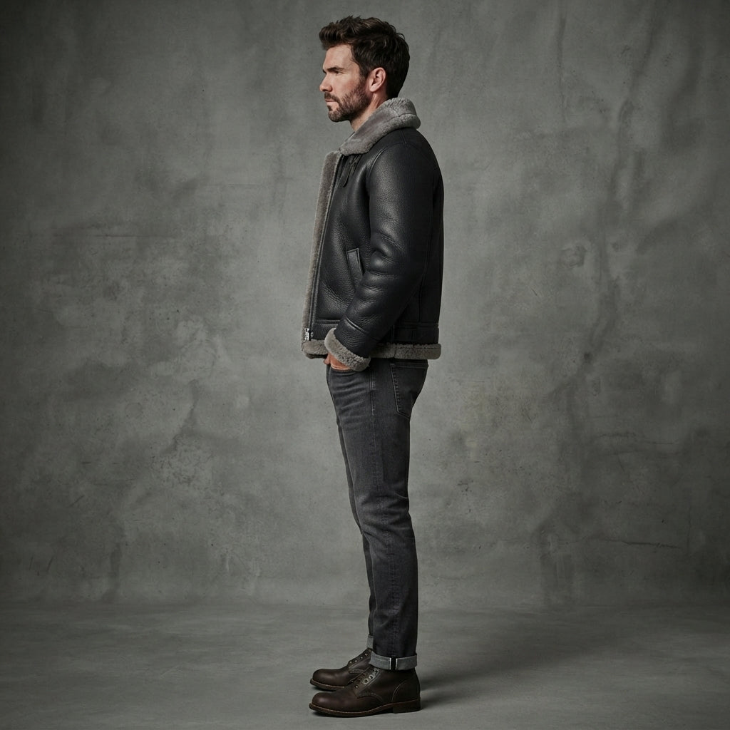 Black Shearling Leather Jacket For Men