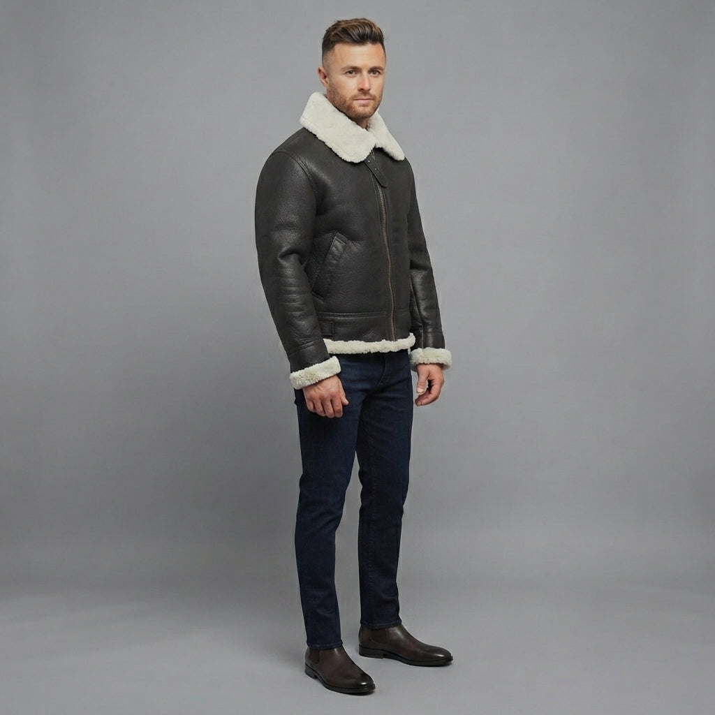 Men's Black Aviator Shearling Leather Jacket