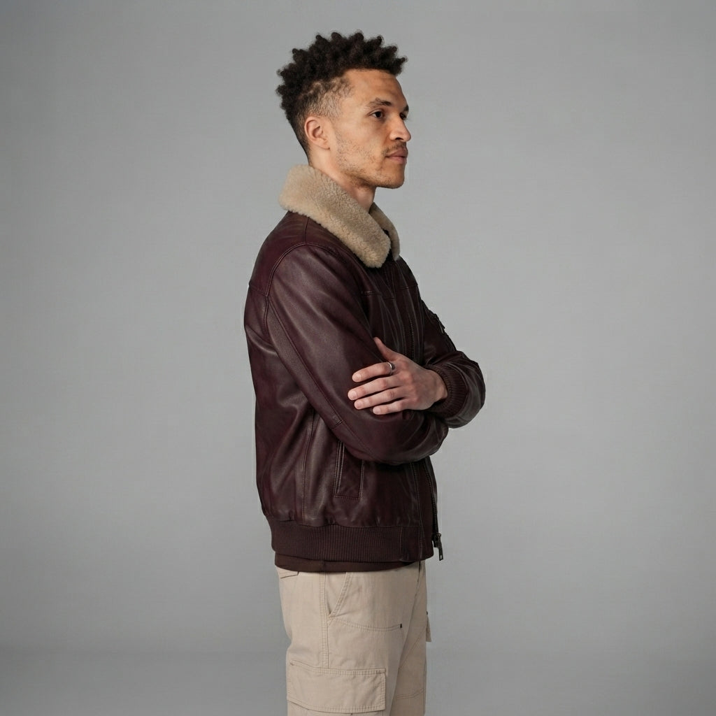 Men's Maroon Leather  Jacket with Skin fur Collar