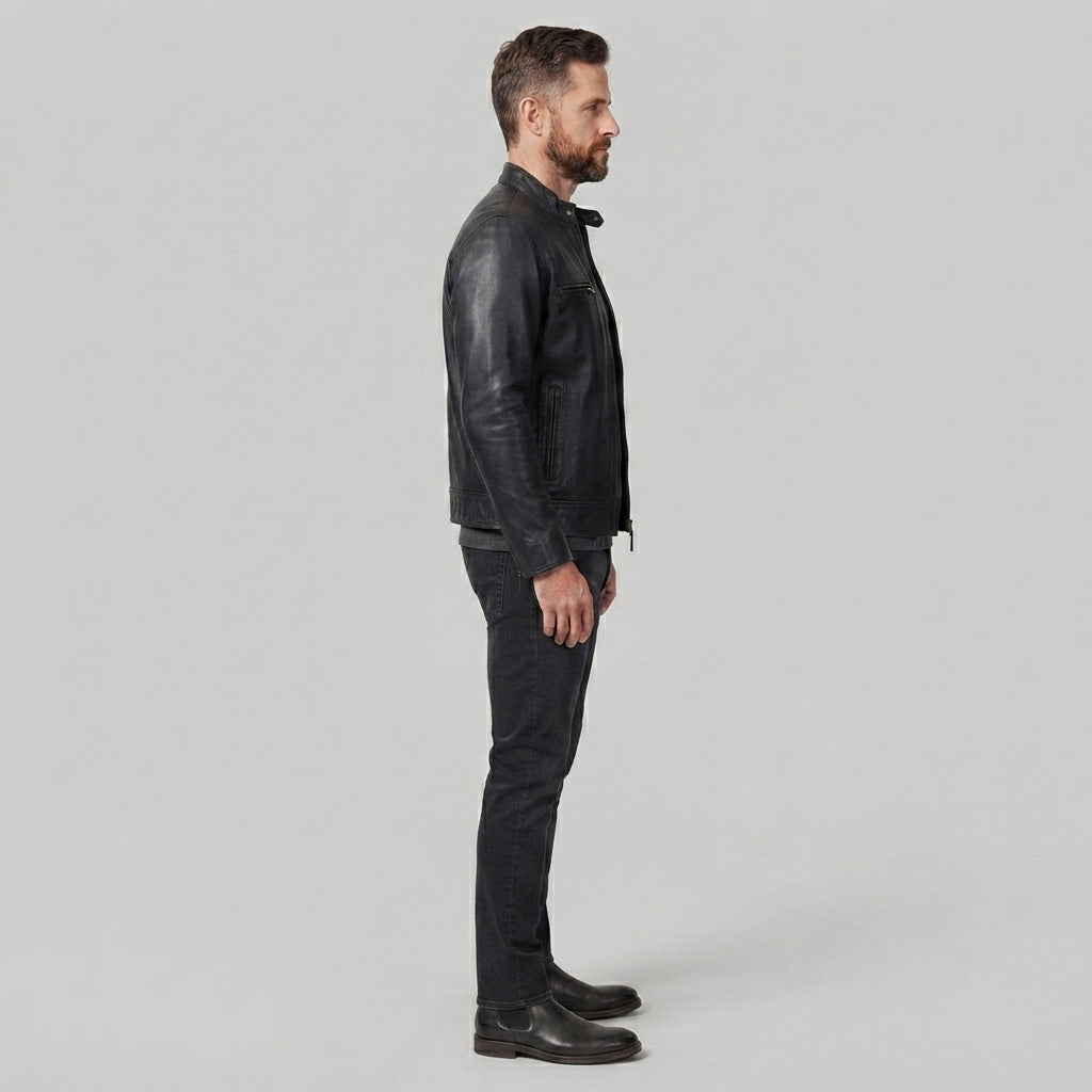 Basic Black Moto Cafe Racer Biker Leather Jacket for Men