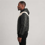 Buy Black-White Hooded Bomber Leather Puffer Jacket