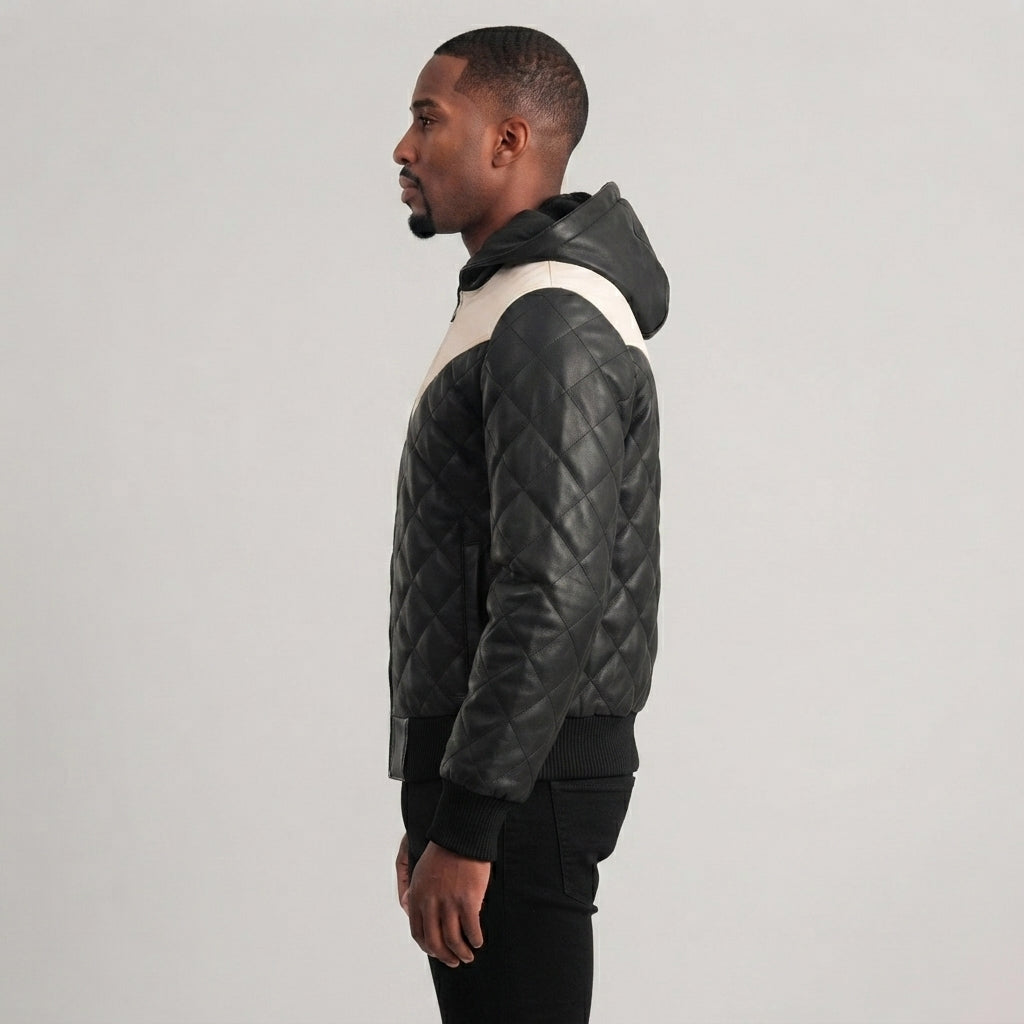 Buy Black-White Hooded Bomber Leather Puffer Jacket