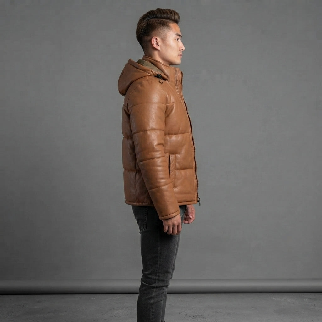 Men's Waxed Brown Hooded Leather Puffer Jacket