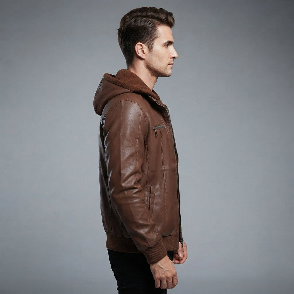 Men's Brown Leather Hooded Jacket