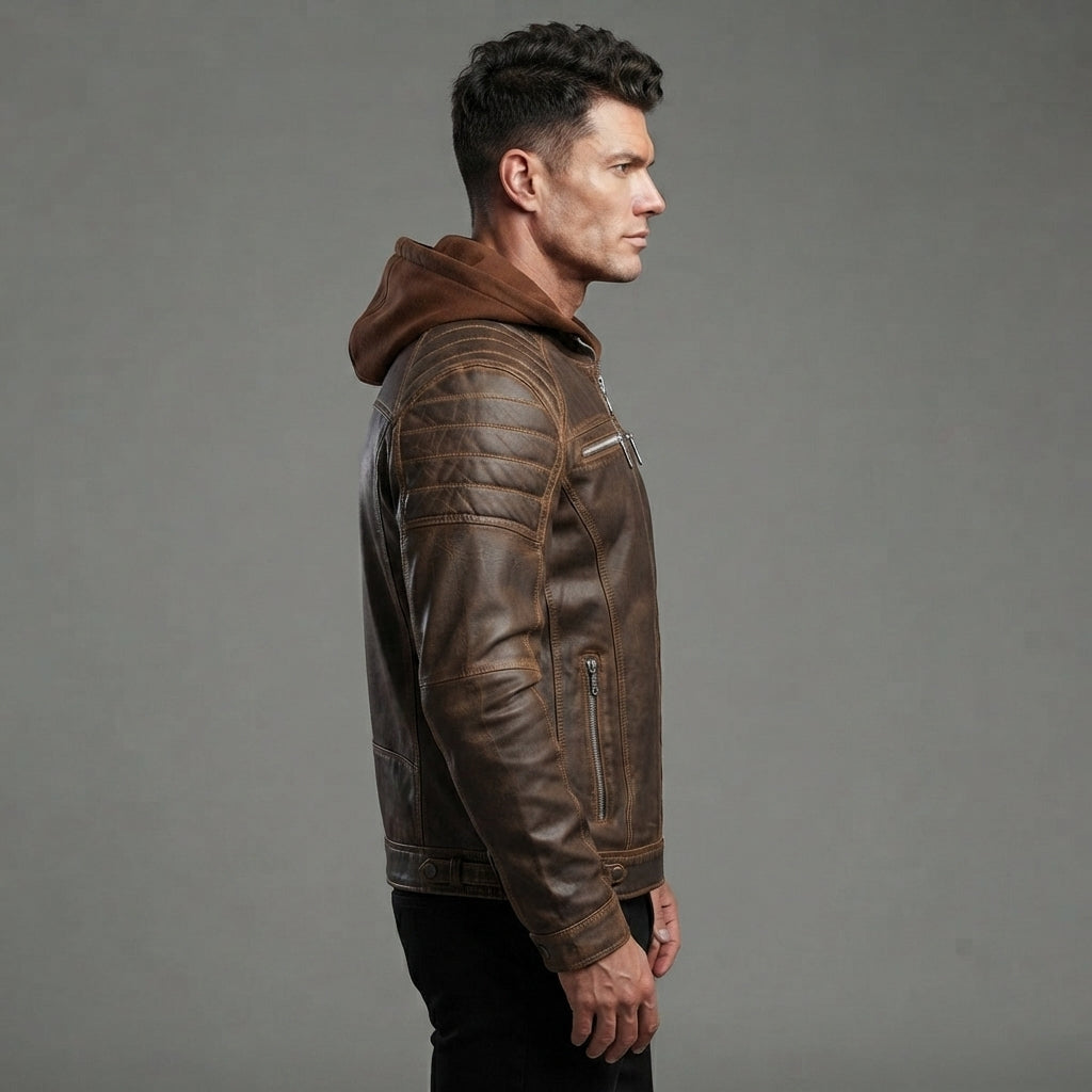Men's Voguish Brown Detachable Hooded Leather Jacket