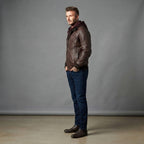 Men's Dark Brown Leather Bomber Jacket With Hood