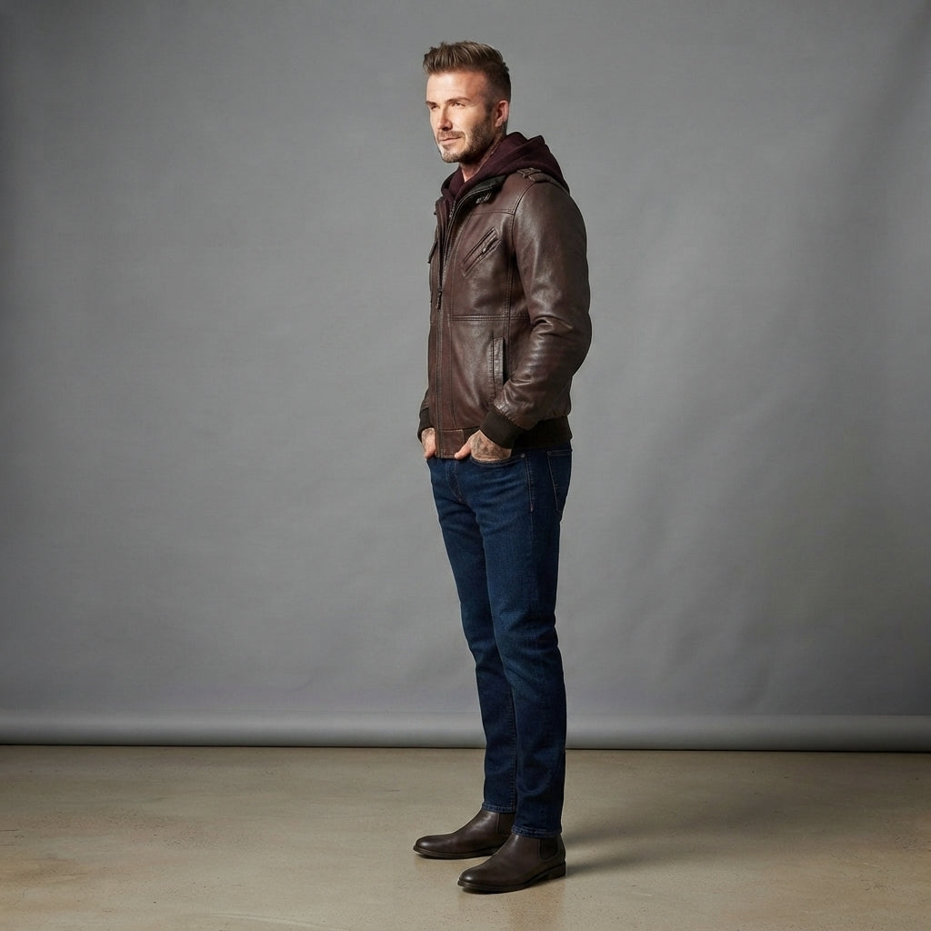 Men's Dark Brown Leather Bomber Jacket With Hood