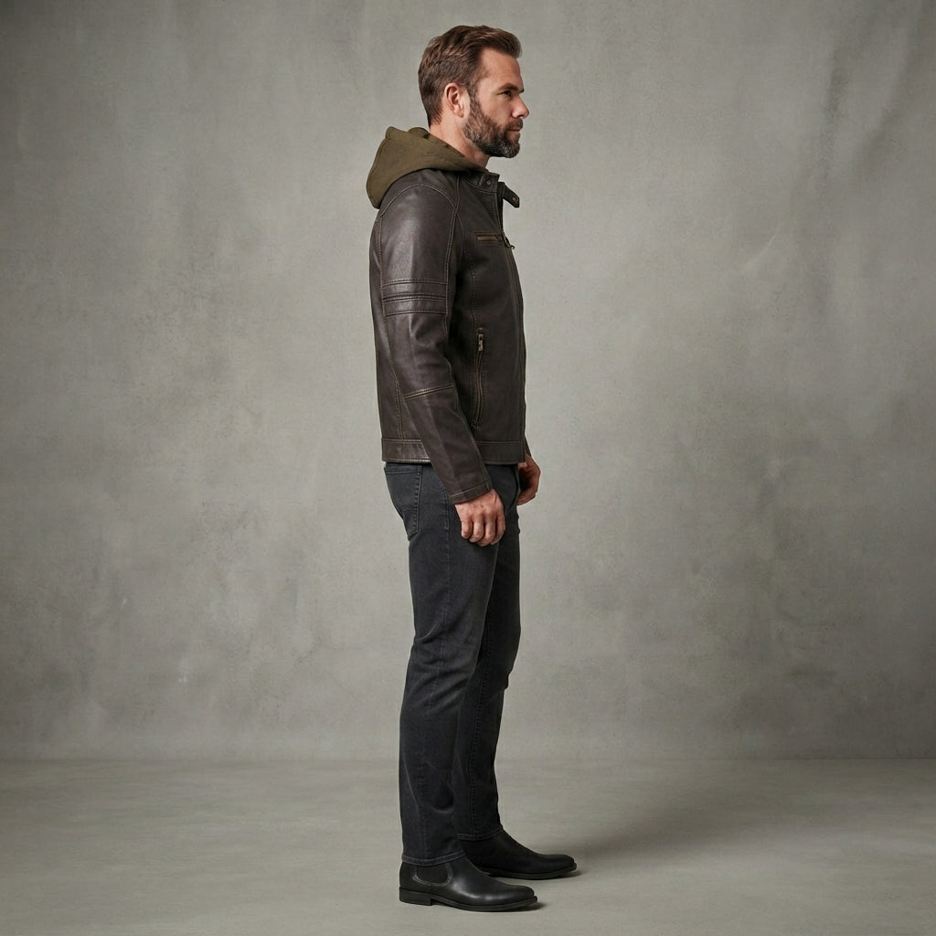 Men's Grey Brown Leather Hooded Jacket
