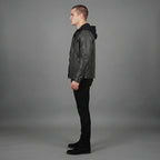 Men's Black Leather Hooded Jacket