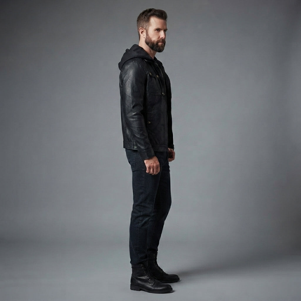 Men's Brown Leather Hooded Jacket