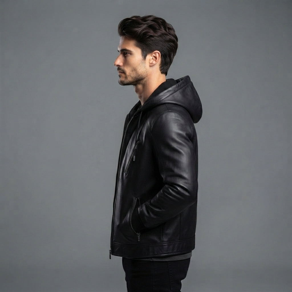 Men's Hooded Black Leather Jacket