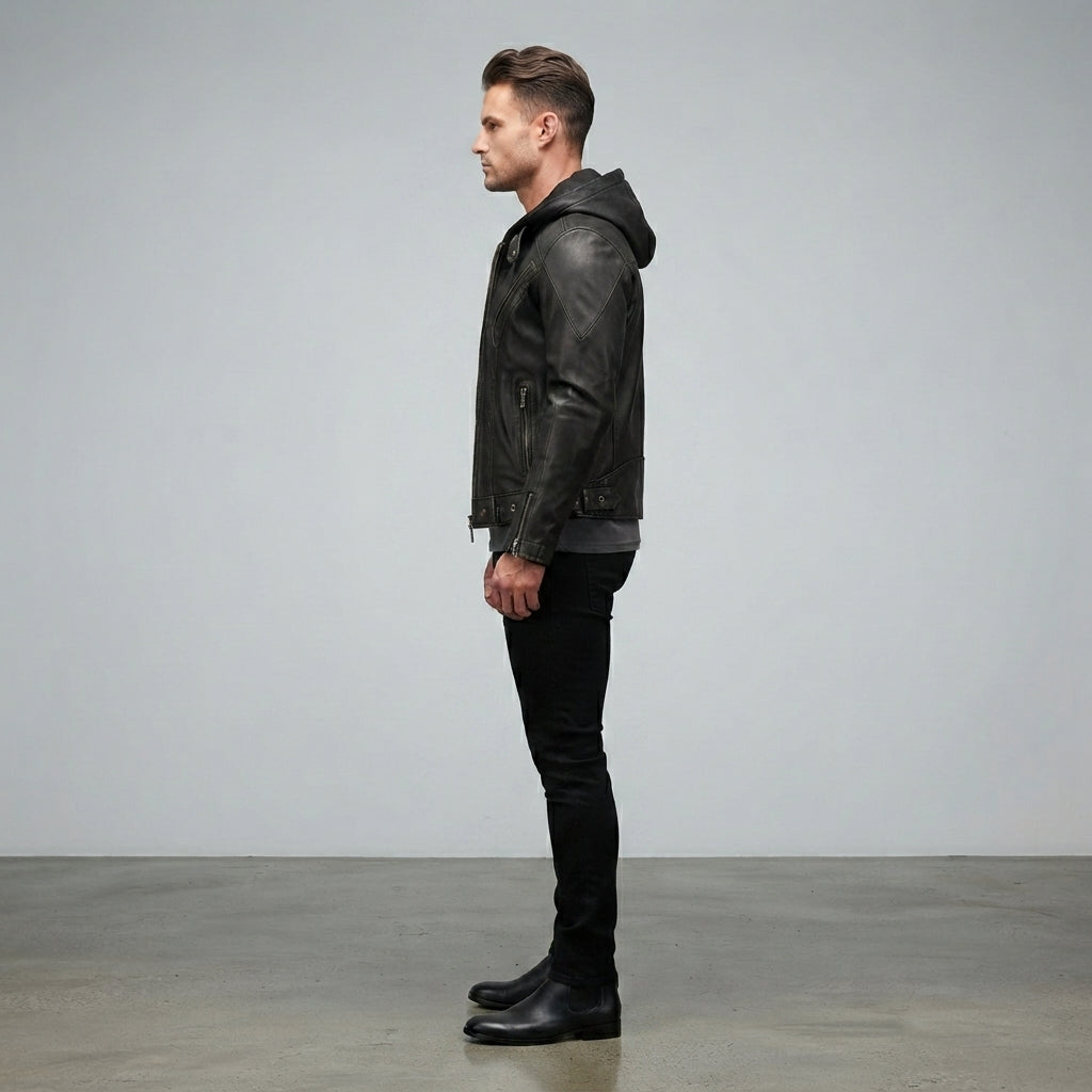 Men's Brown Leather Hooded Jacket