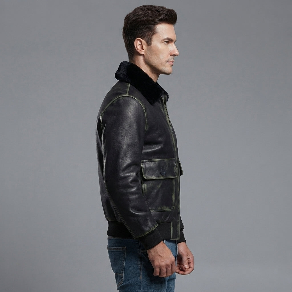 Men's Black Leather Military Jacket
