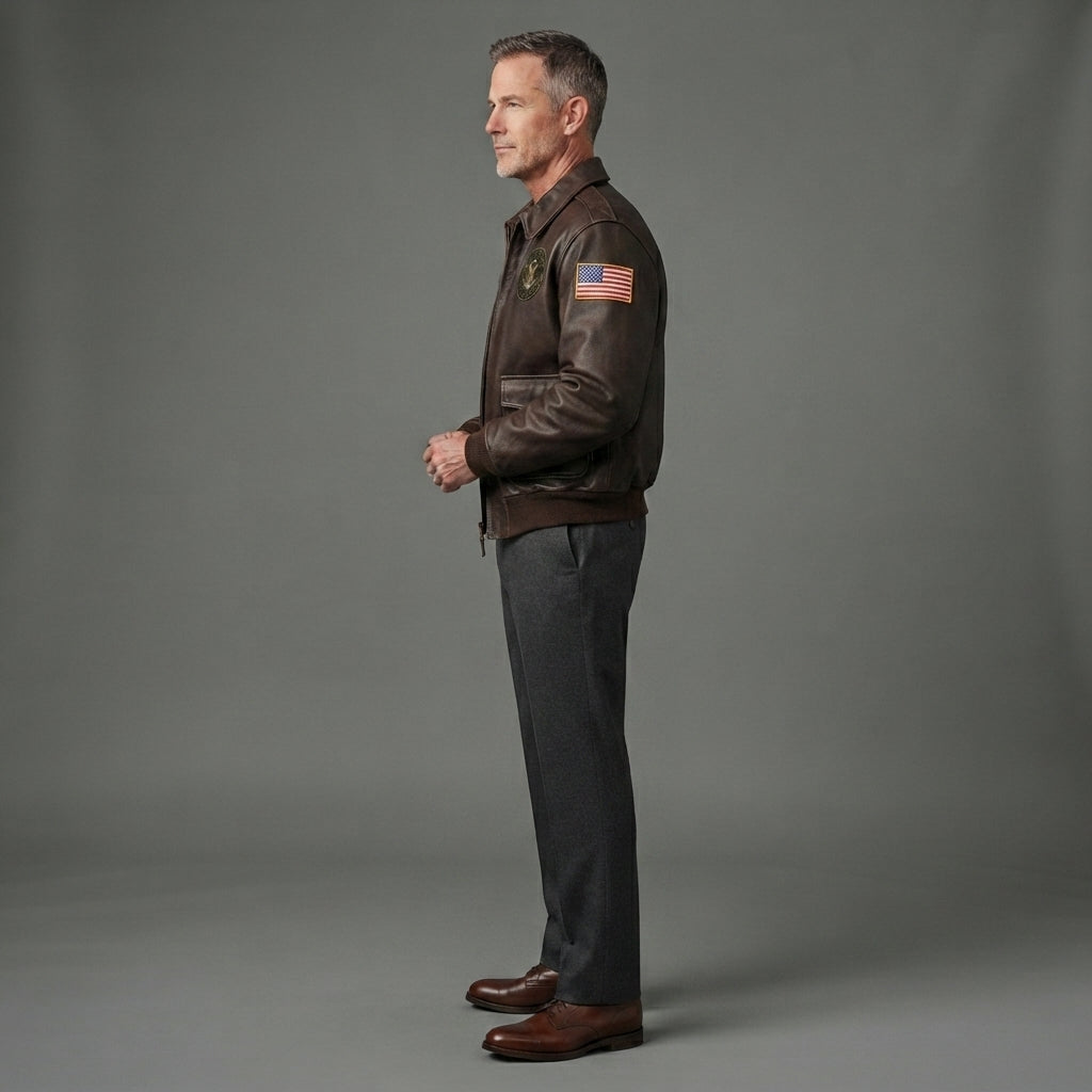 Men's Brown Leather Military Jacket