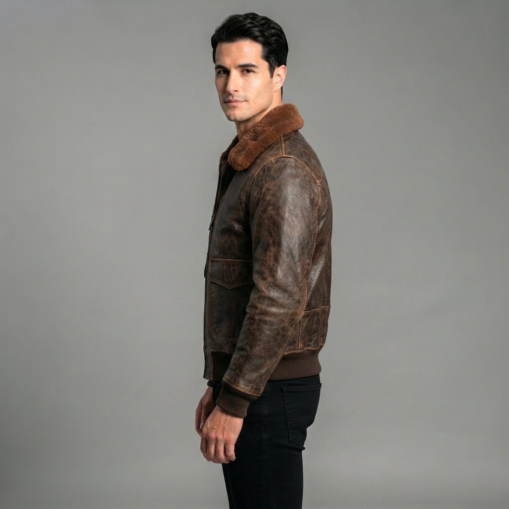 Men's Military Brown Leather Bomber Jacket