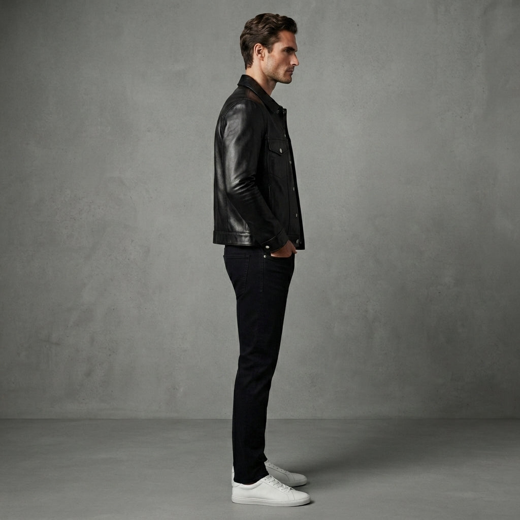 Men's Genuine Leather Button-Up Trucker Jacket
