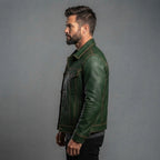 Men's Green Leather Biker Moto Trucker Jacket
