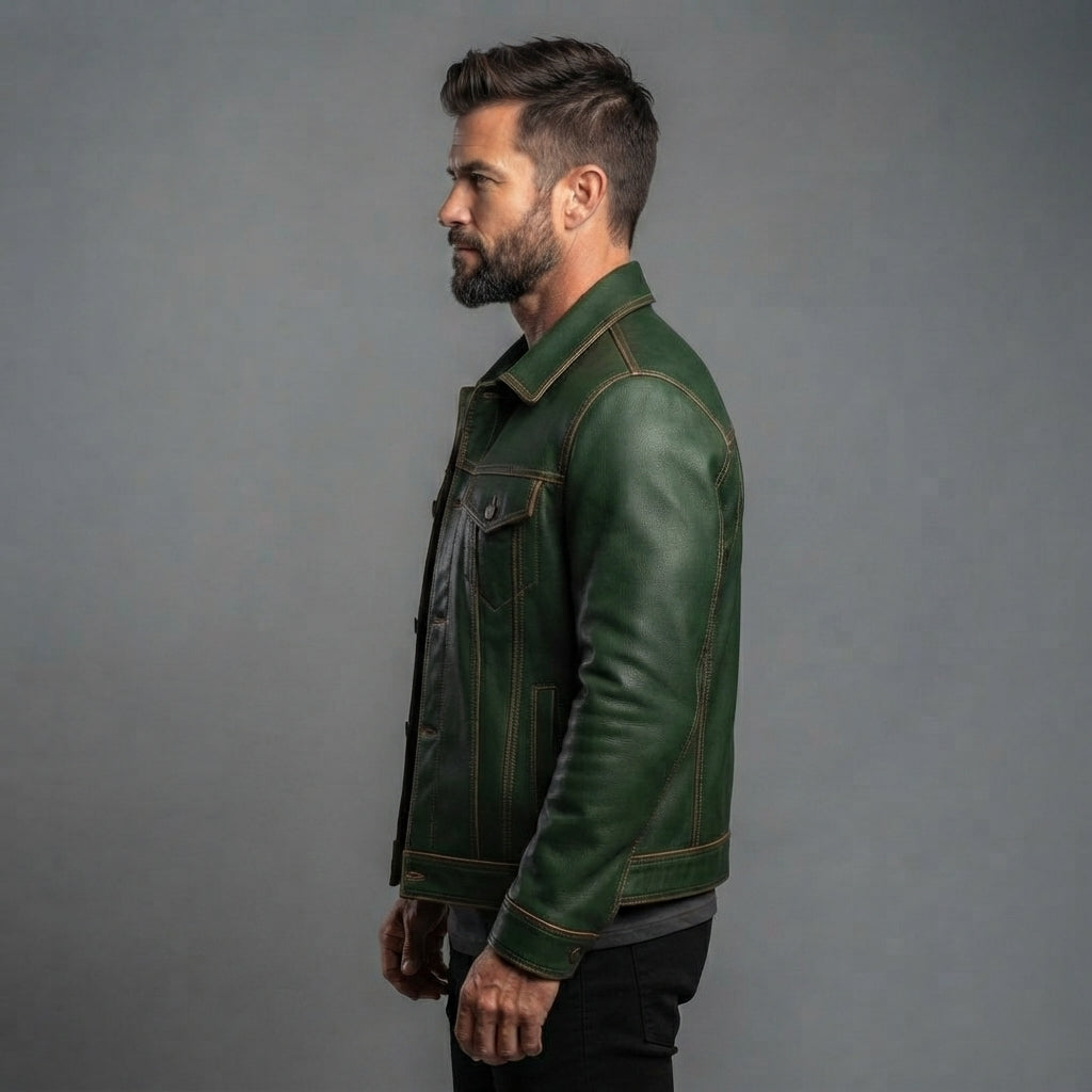 Men's Green Leather Biker Moto Trucker Jacket
