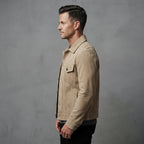 Men's Beige Leather Trucker Jacket - Leather Outlet