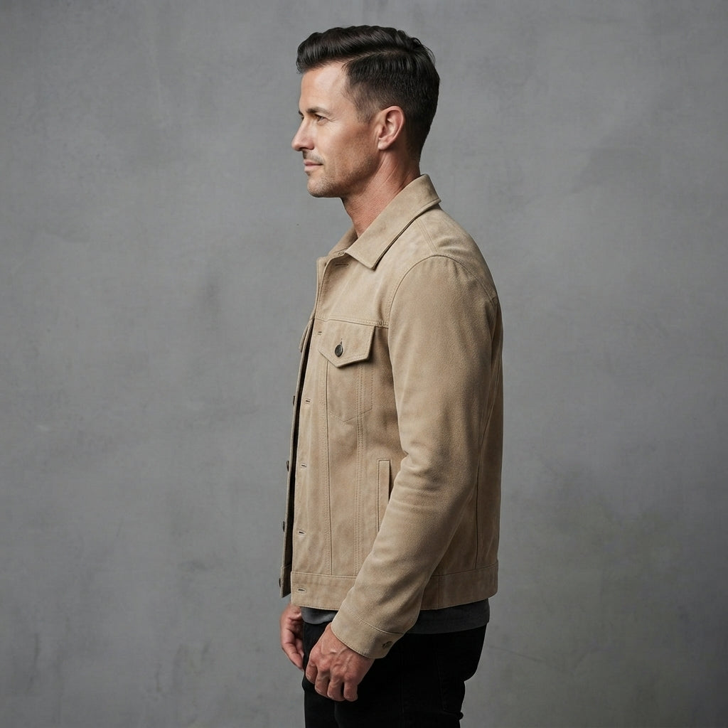 Men's Beige Leather Trucker Jacket - Leather Outlet