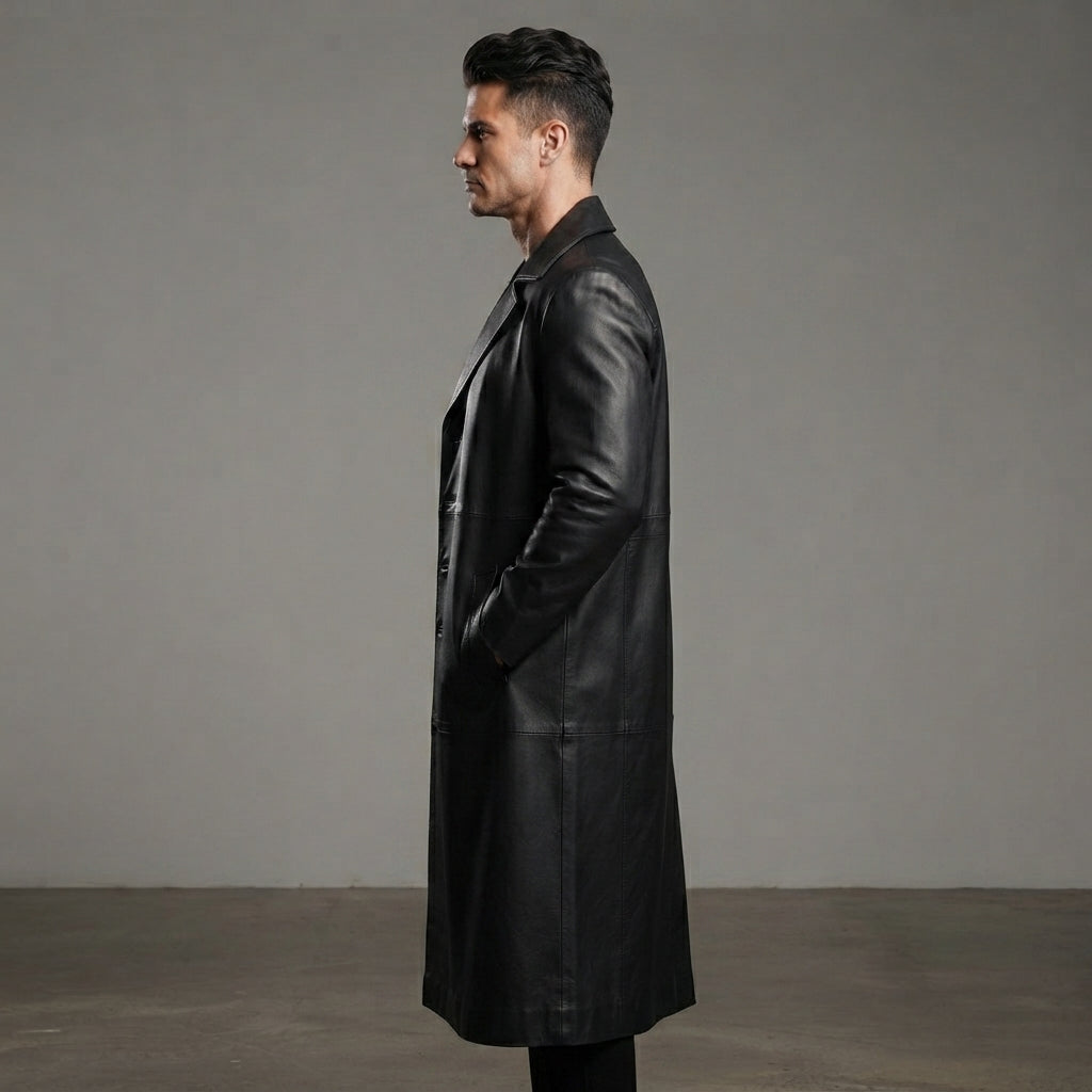 Men's Pure Black Leather Duster Coats