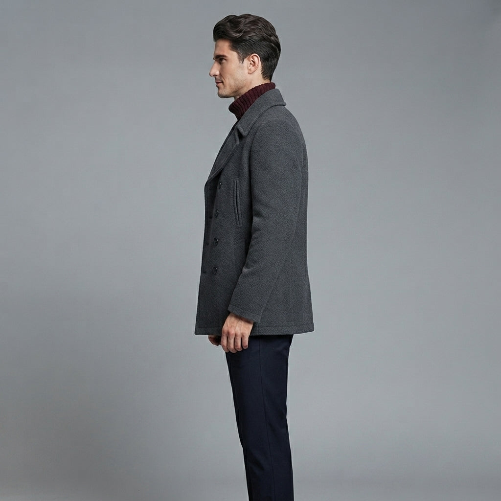 Men's Grey Leather Peacoat