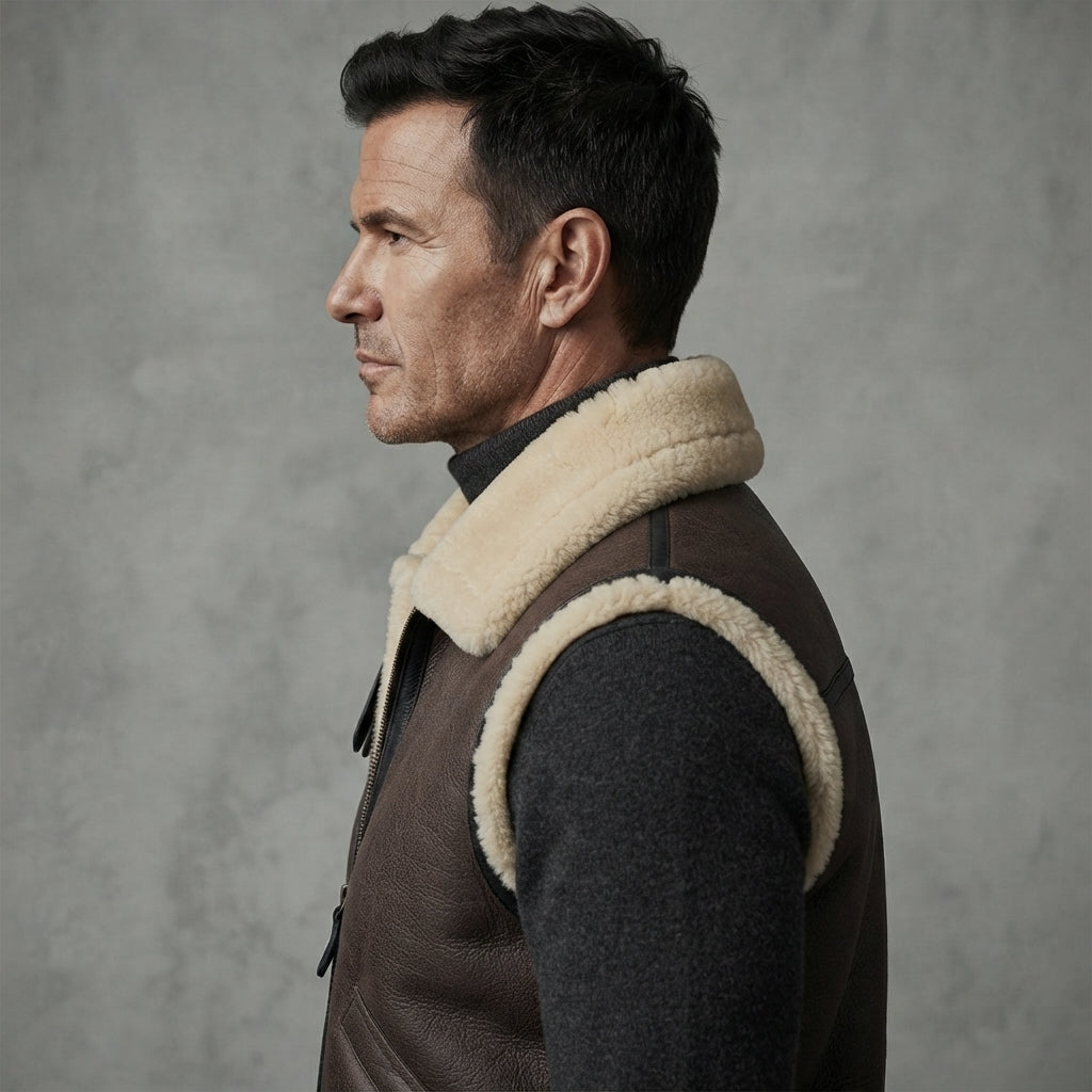 Men's Beige Brown  Shearling Leather Vest