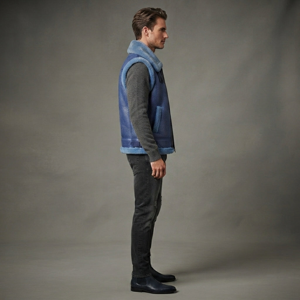 Men's Blue Shearling Leather Vest - Leather Outlet