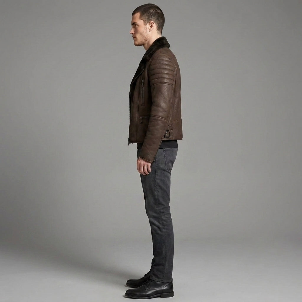 Men's Cafe Racer Brown Sheepskin Leather Jacket