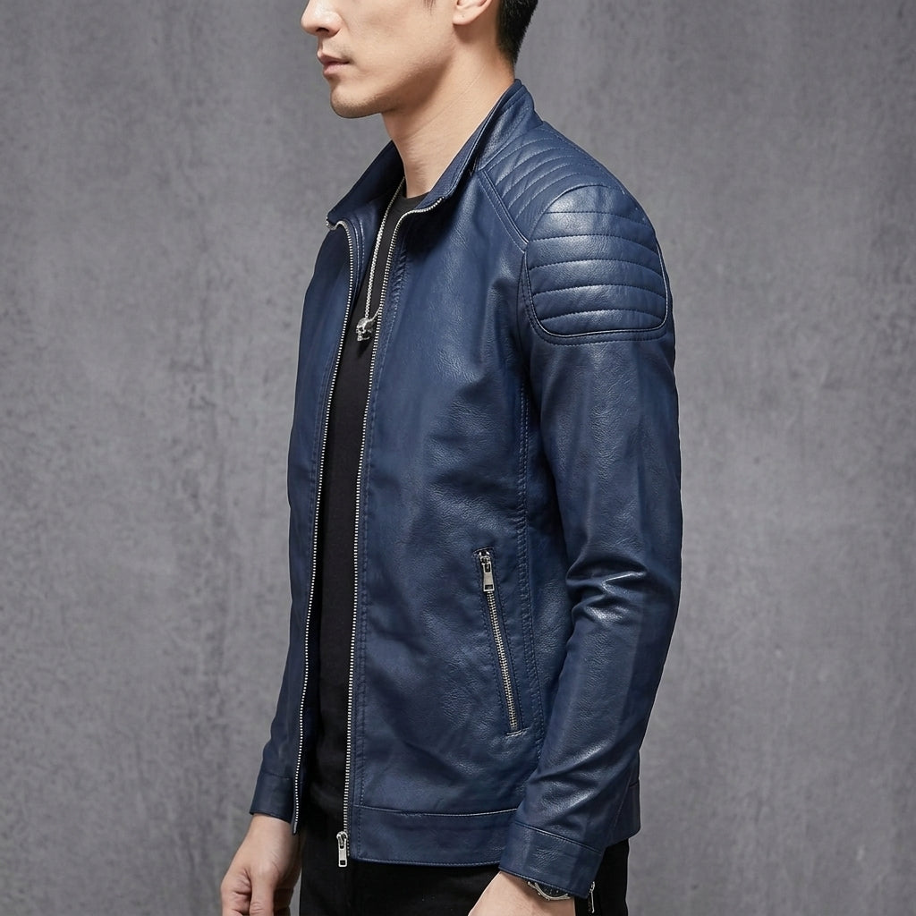Men's Standing Collar Leather Jacket