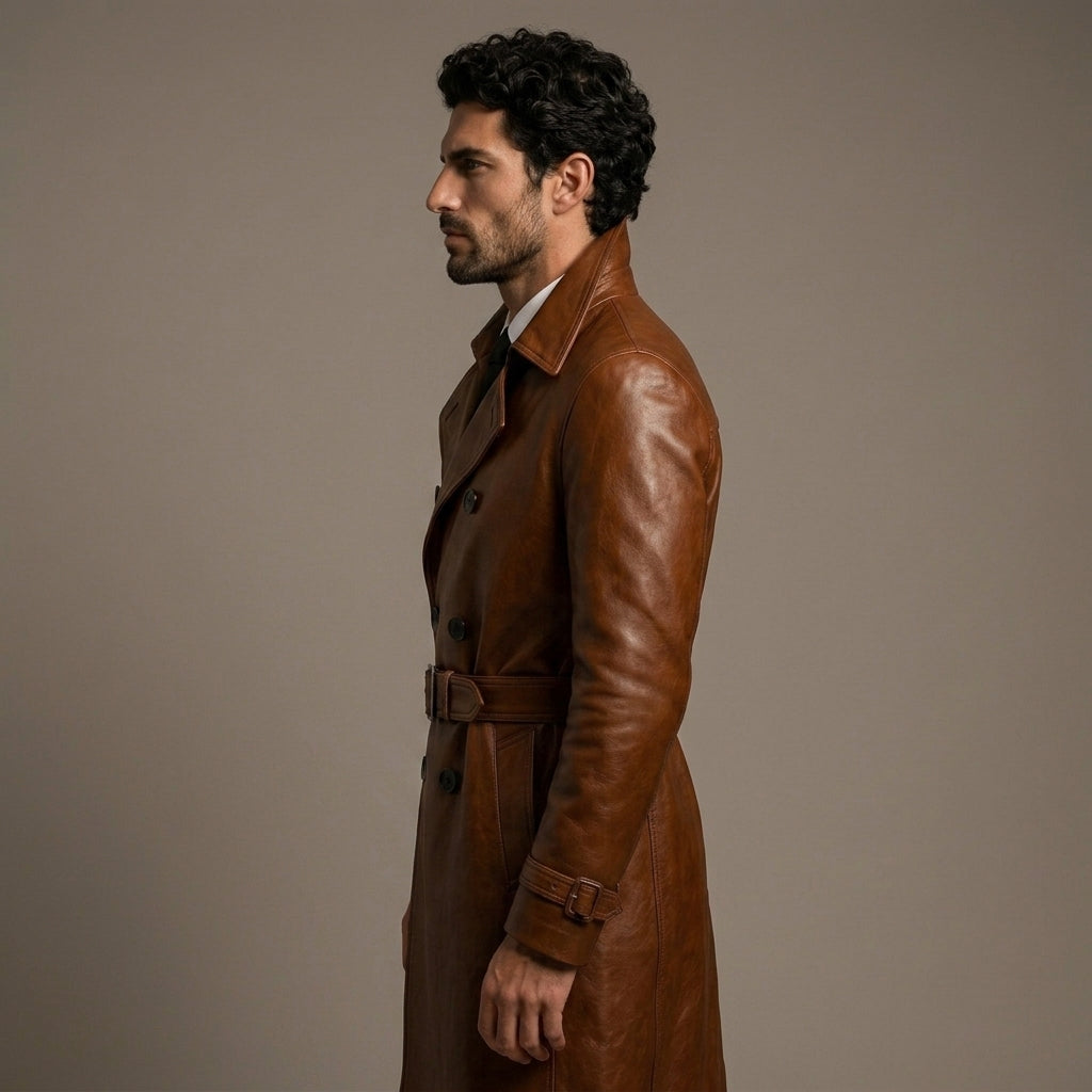 Men's Shinny Brown Leather Trench Coat