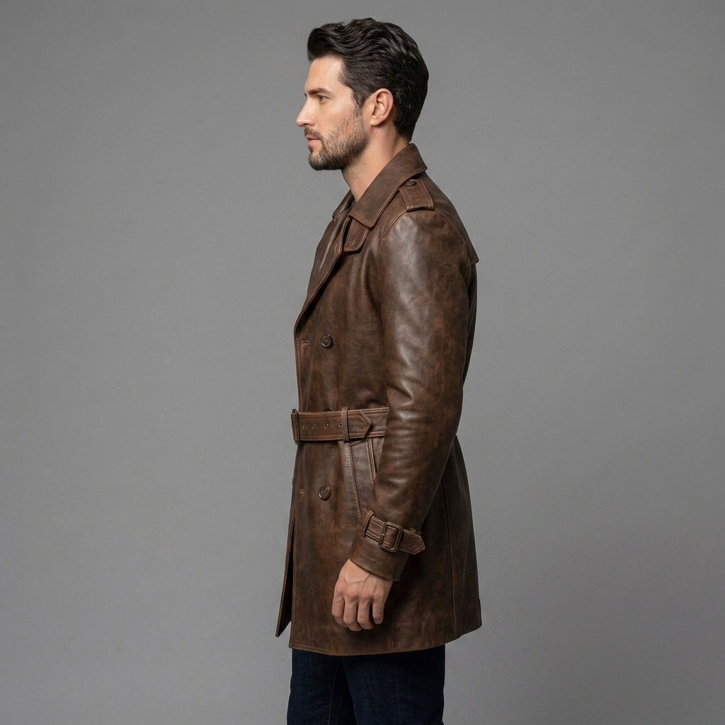 Men's Brown Leather Trench Coat