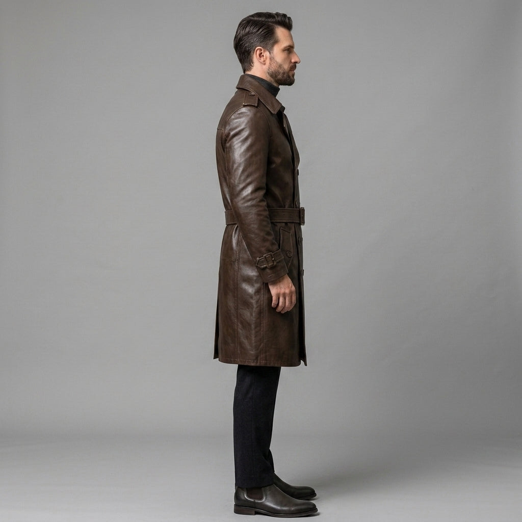 Men's Brown Leather Trench Coat