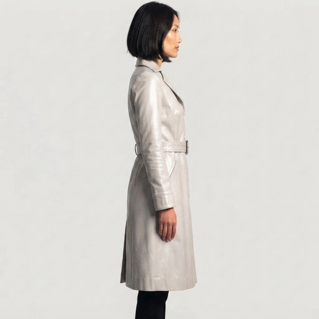 Women's  Faux White Leather Trench Coat